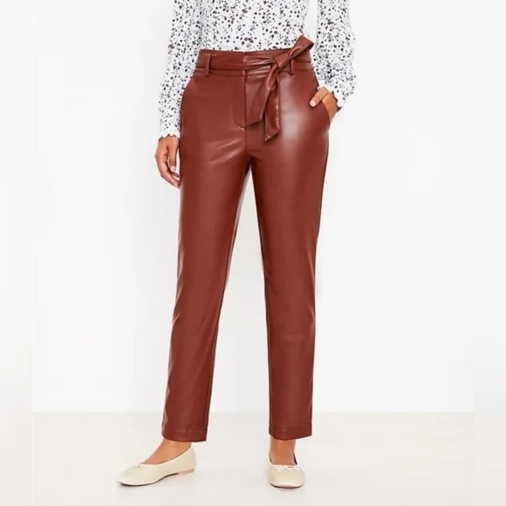 LOFT Faux Leather Pants Brown camel 12 High Rise Tie Waist Slim